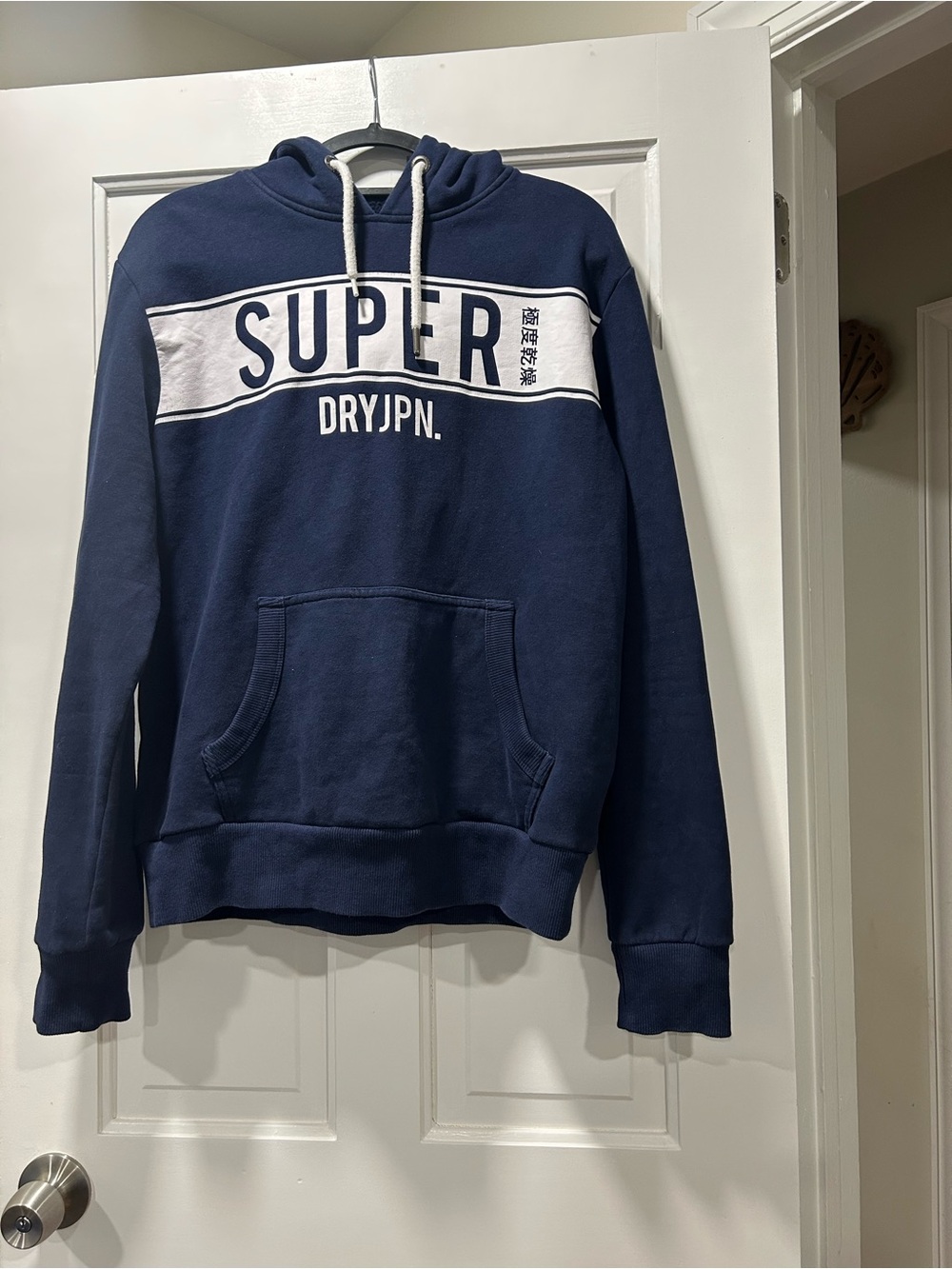 Superdry Navy Hoodie with White Chest Stripe and Logo
